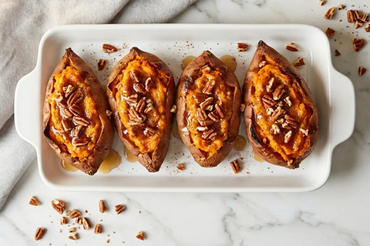 Twice Baked Sweet Potatoes with Pecans